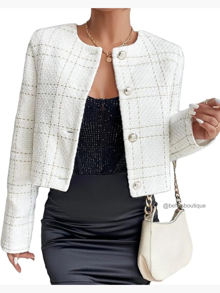 Collarless Cropped Tweed Blazer Plaid Open Front Business Casual Jacket With